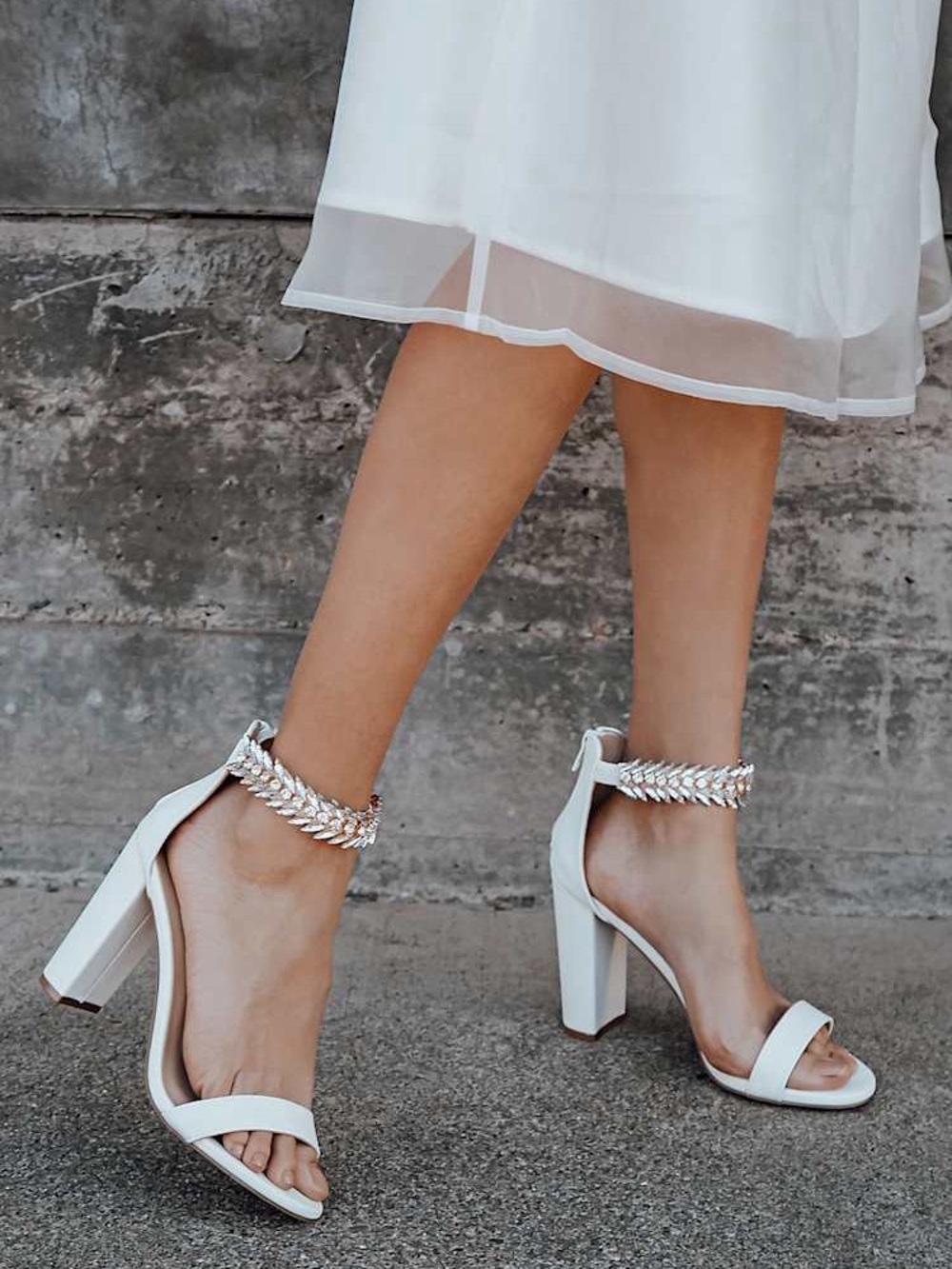 Elegant White Block-Heels with Ankle-Strap and Clear Sparkly Rhinestone Accent